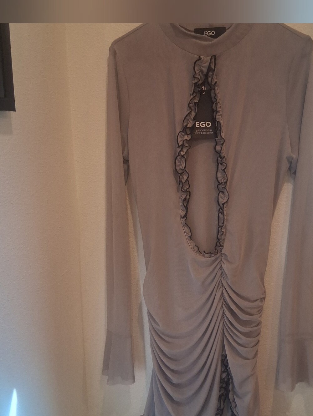 EGO Light Gray Long Sleeve Ruched Open-Front Dress